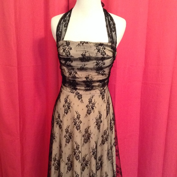 tan dress with black lace